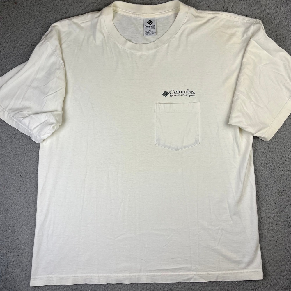 Columbia T-Shirt Mens XL White Vintage Bass Fishing Graphic Pocket Tee USA Made